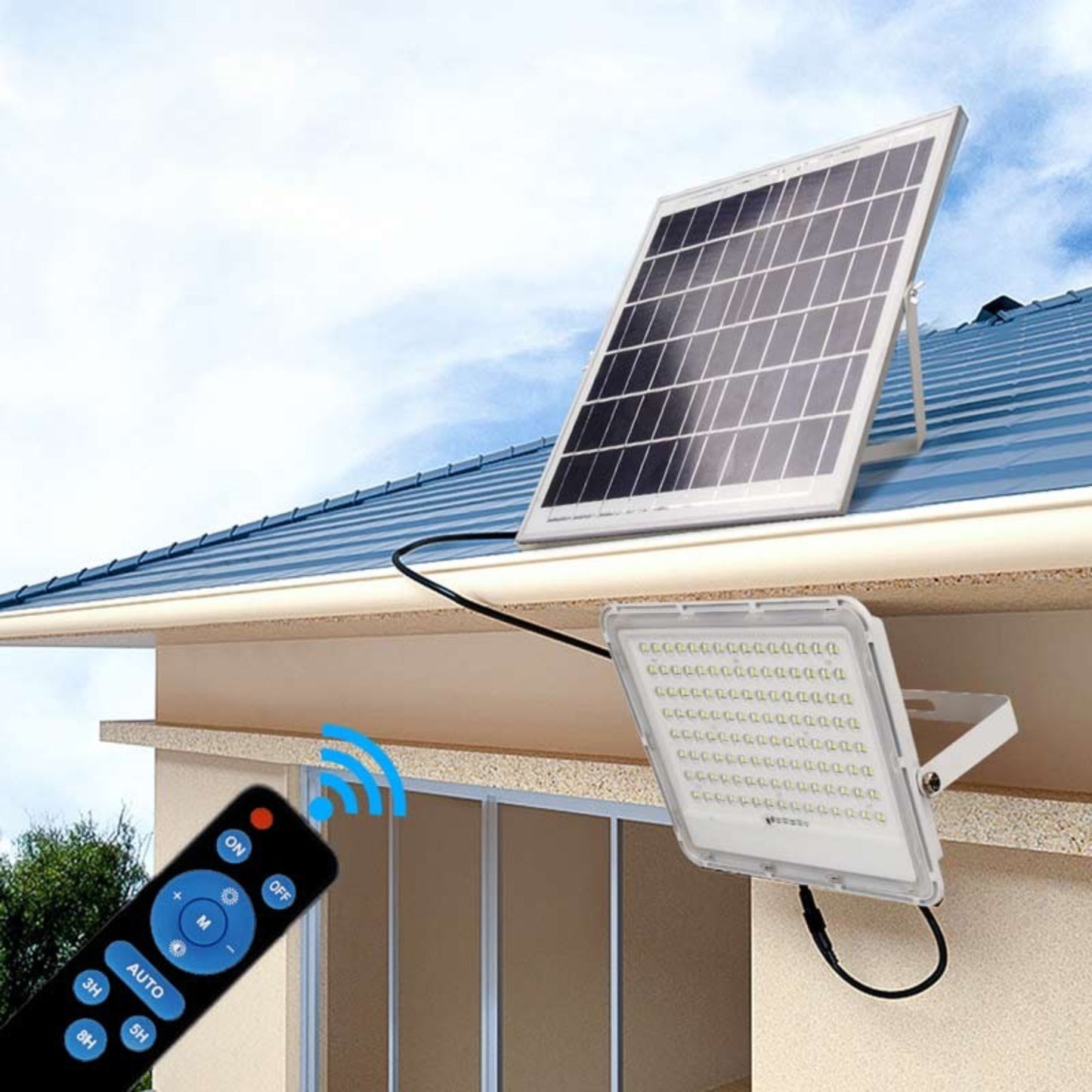 Faro da esterno con telecomando, pannello solare e crepuscolare disattivabile